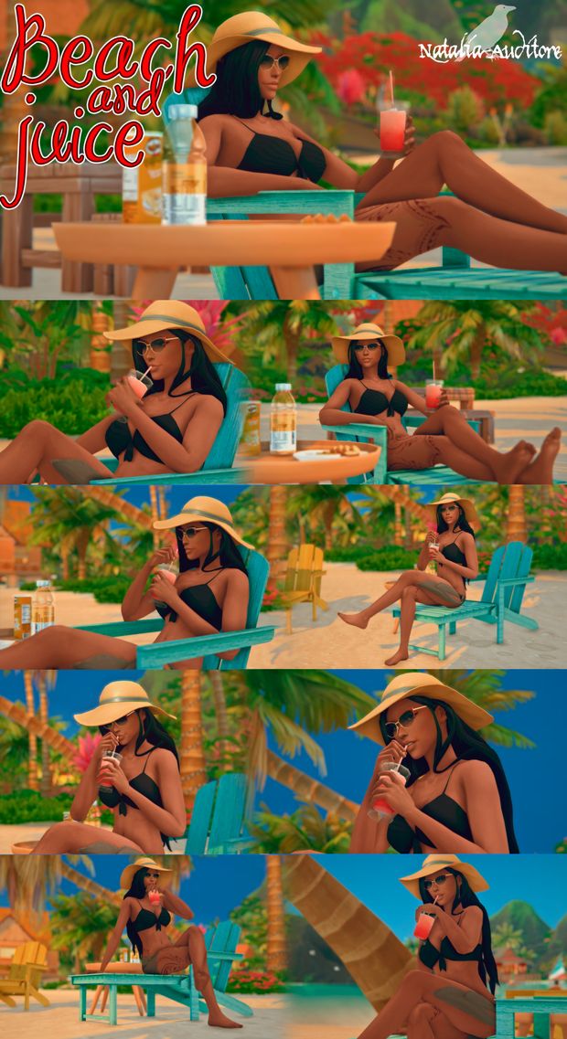 a woman sitting on top of a beach chair next to a table filled with drinks