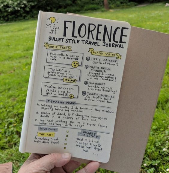 a hand holding up a notebook with writing on it in front of a grassy field