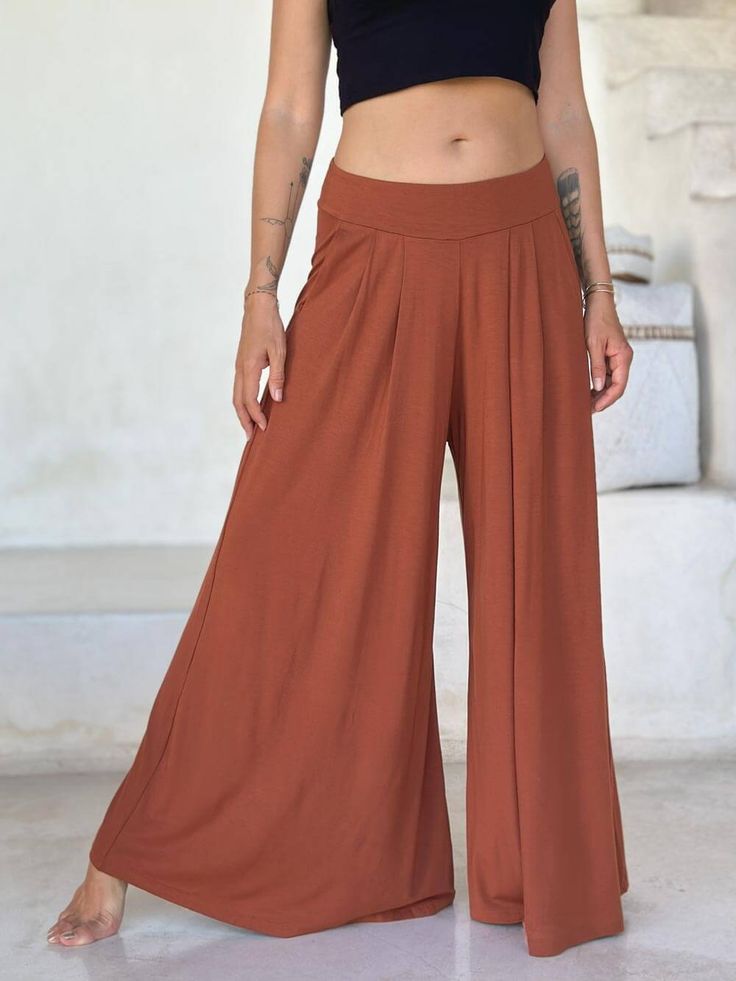 caraucci high waisted orange wide leg flare pants with side pockets #color_copper Summer Solid Color Wide Leg Pants, Solid Color Summer Wide Leg Full Length Pants, Solid Color Summer Wide Leg Pants, Summer Solid Color Full Length Wide Leg Pants, Summer Full Length Solid Wide Leg Pants, Fall Wide Leg Harem Pants In Solid Color, Fall Solid Color Wide Leg Harem Pants, Pleated Wide-leg Pants, Chic Brown Flare Pants