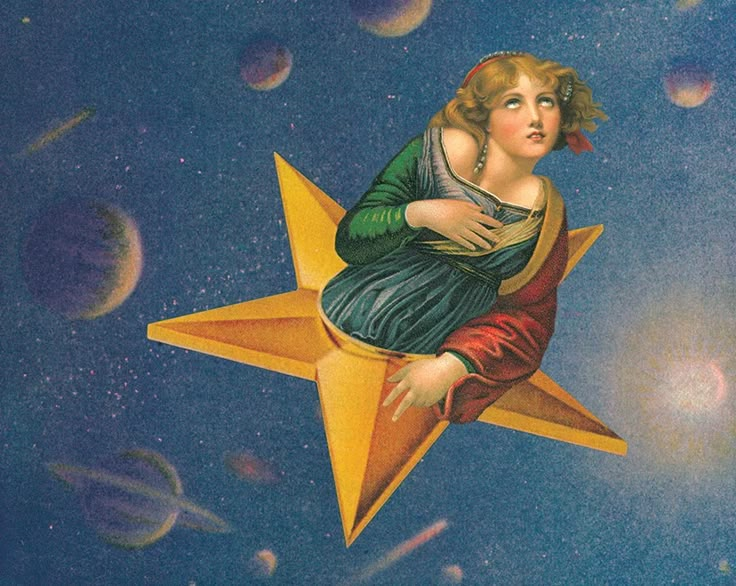 a painting of a woman sitting on top of a star