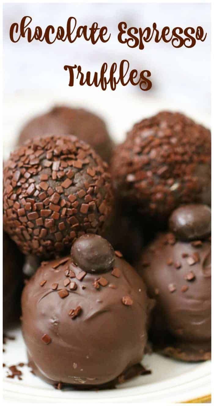 chocolate sprinkled truffles on a white plate