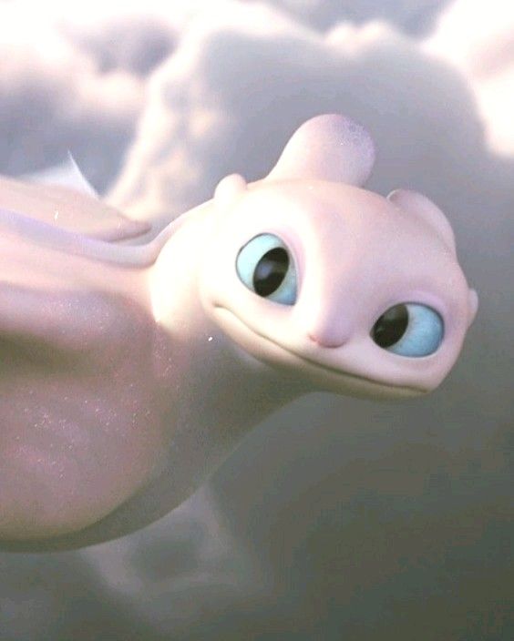 a close up of a cartoon character floating in the air with clouds behind it and blue eyes