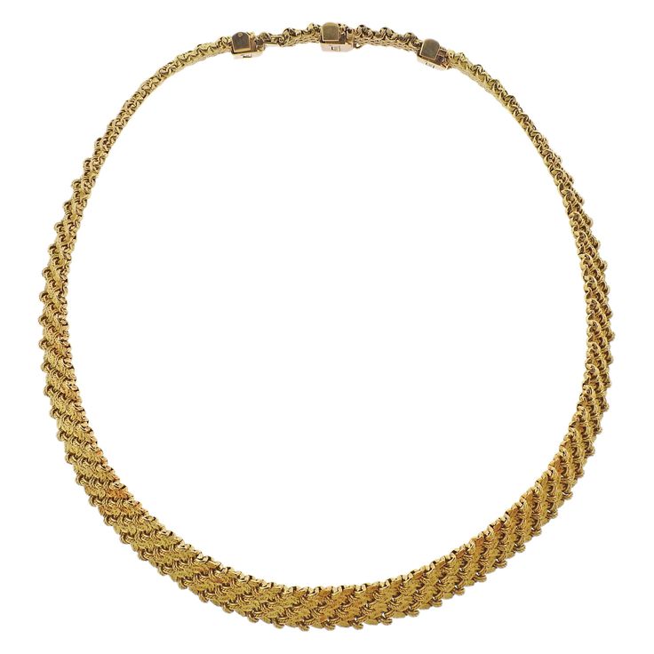 1960s 18k gold necklace by Mellerio. Necklace is 17" long, has two detachable extender links - 1" and 0.75". Necklace is 11mm wide. Marked: Brevete, Mellerio. Weight - 93.1 grams. Gold Hallmarked Necklaces For Evening, Yellow Gold Formal Chain Necklace, Yellow Gold Formal Costume Jewelry Chain Necklace, Formal Yellow Gold Costume Jewelry Chain Necklace, 18k Gold Necklace, Yellow Gold Necklace, 1960s, 18k Gold, Gold Necklace