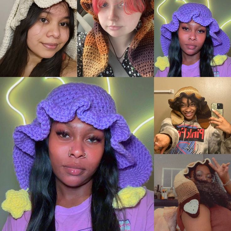 four different pictures of women with hats on their heads and one has her hair pulled back