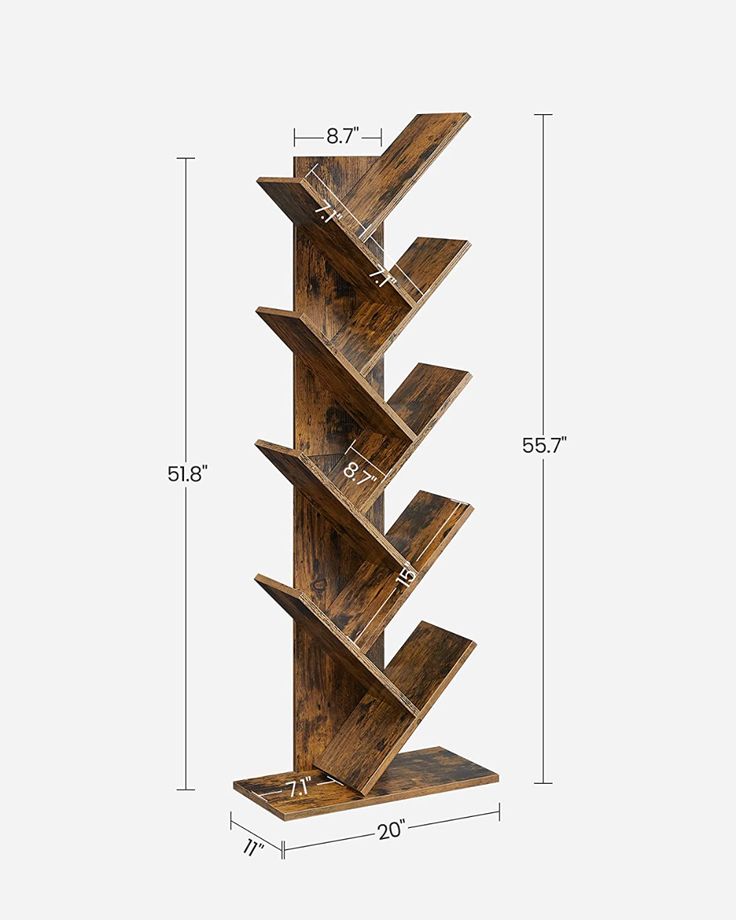 a wooden book shelf with three shelves on each side, and measurements for the top