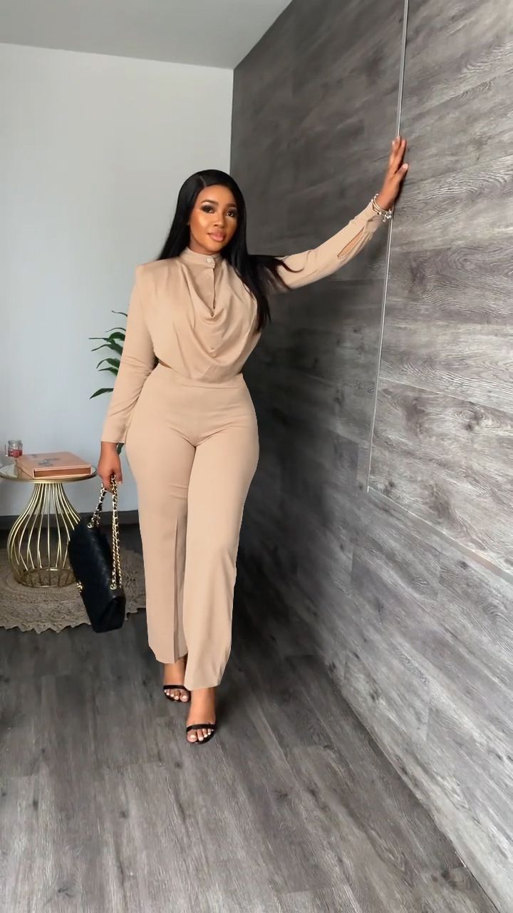 Long Sleeve Irregular Crop Top Straight Pants Outfits Plus Size Pant Suits, Slim Trousers, Elegant Sets, Top Pants Set, Plus Size Pants, Long Crop Top, Neck Crop Top, Straight Pants, Office Ladies