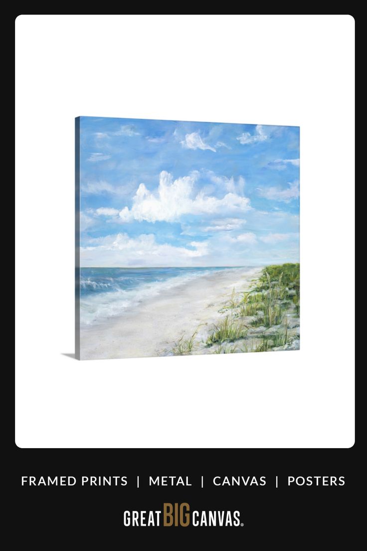 a painting of the beach with clouds in the sky