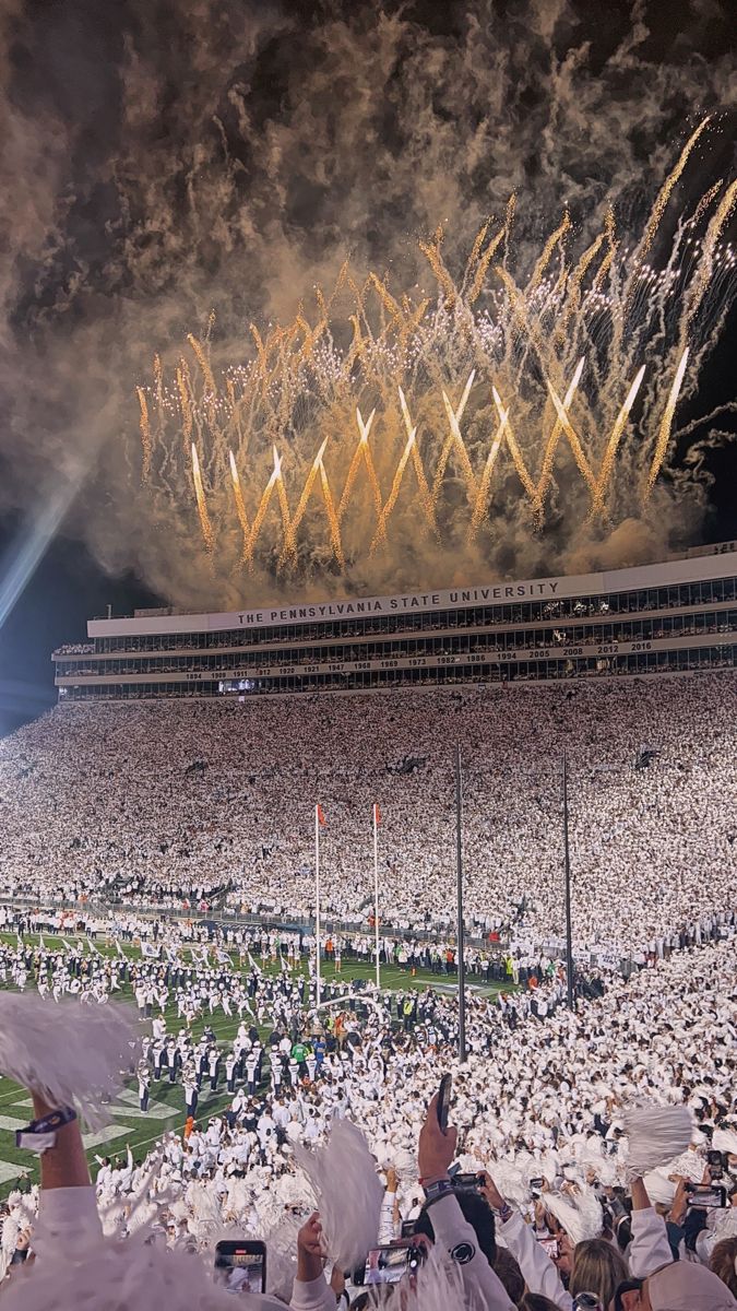 a large stadium filled with lots of people watching fireworks go off in the night sky