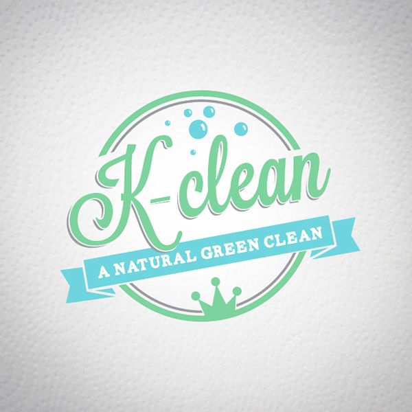 the k - clean logo is green and has a blue ribbon around it's corner