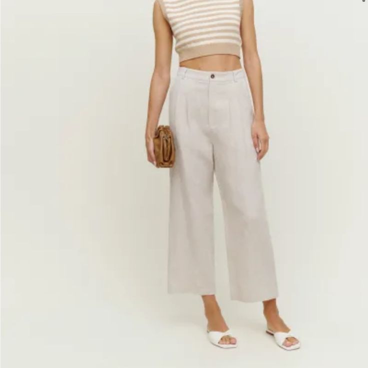 Brand New Linen Pant From Reformation Chic Neutral Straight Leg Bottoms, Chic Neutral Wide Leg Pants For Day Out, Chic Neutral Wide Leg Pants For Spring, Neutral High-waisted Wide Leg Pants For Day Out, Chic Neutral Straight Pants, Chic Neutral Trousers, Chic Neutral High-waisted Pants, Neutral Ankle-length Pants For Day Out, Chic Neutral Wide Leg Ankle-length Pants