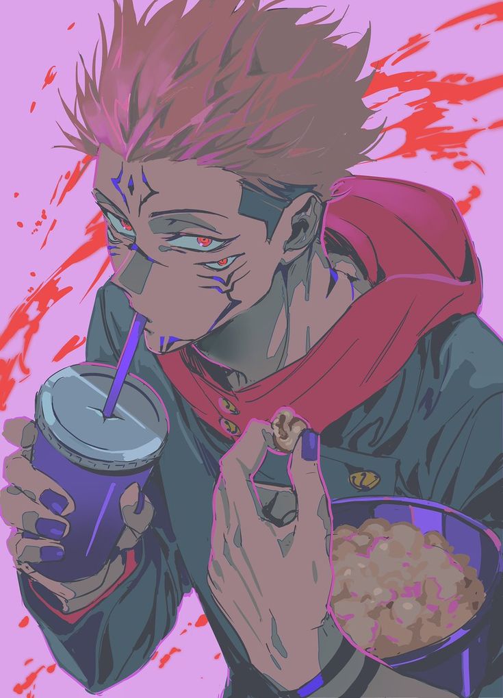 an anime character holding a drink and eating cereal in front of red splatters