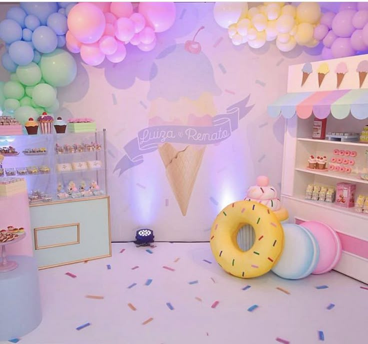 an ice cream shop with balloons and confetti on the walls, in pastel colors