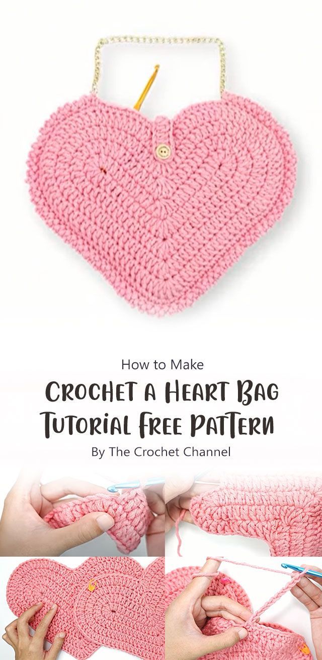 the crochet heart bag pattern is shown with instructions to make it