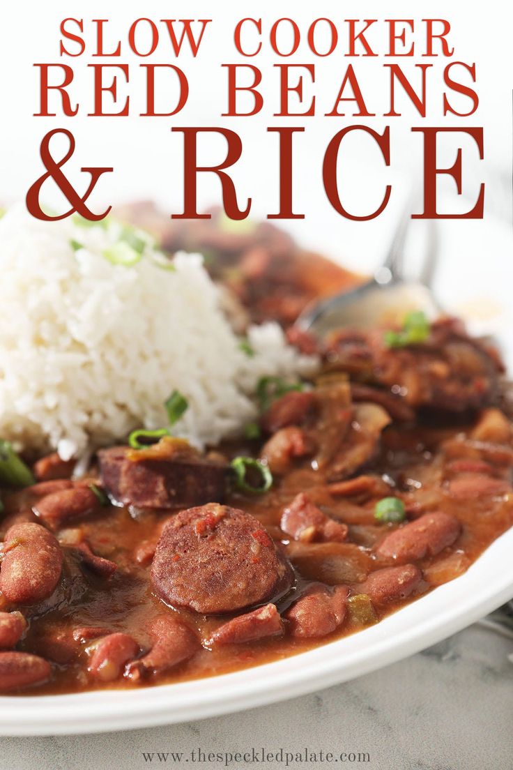 slow cooker red beans and rice on a white plate with text overlay reading slow cooker red beans and rice