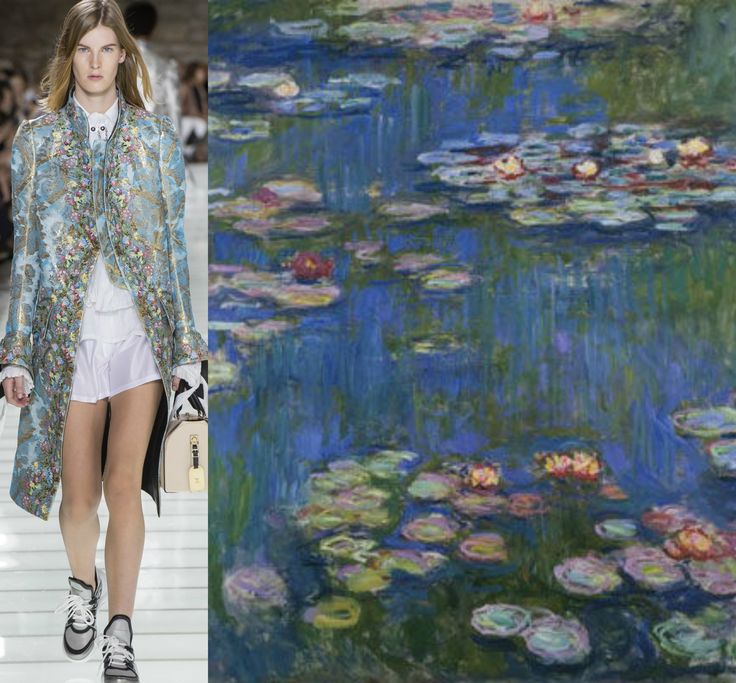 a woman walking down a runway next to an image of water lillies on the ground