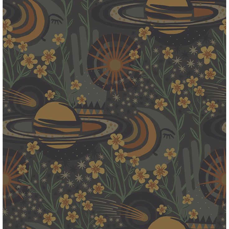 an image of a wallpaper with saturn and flowers