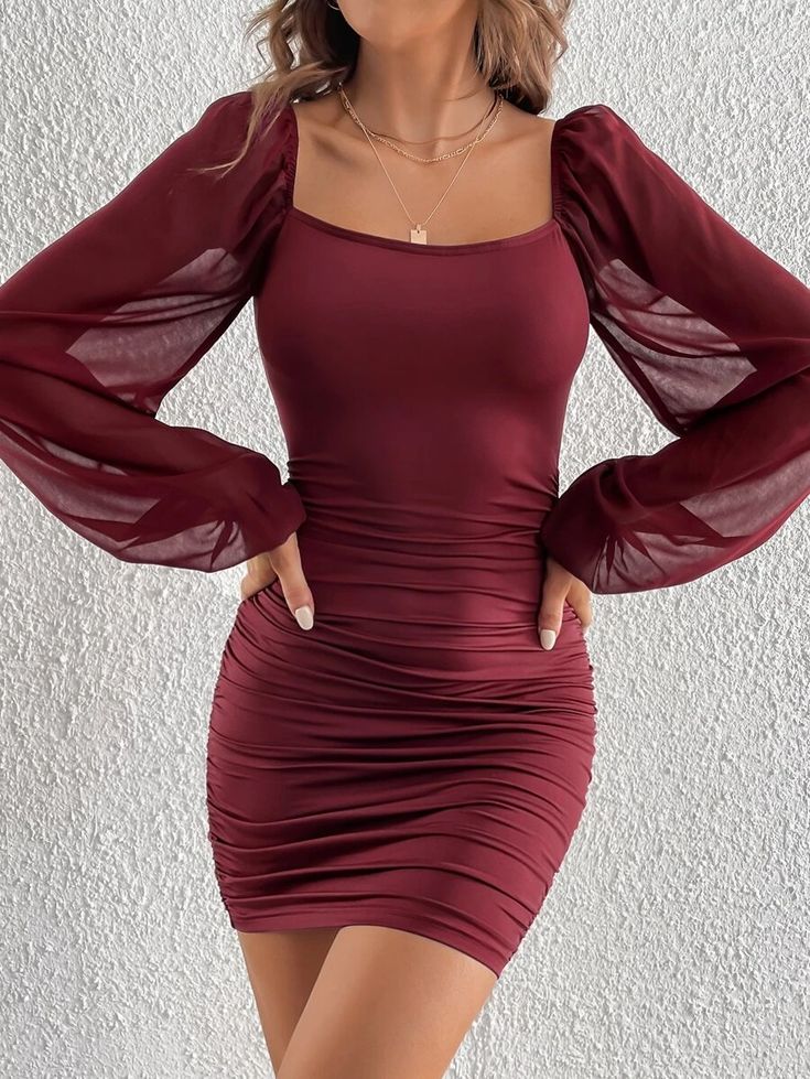 Wrap Around Skirt, Floor Length Gown, Dress Inspo, Sleeves Clothing, Slim Fit Dresses, Outfit Casual, Types Of Skirts, Collar Dress, Wine Red