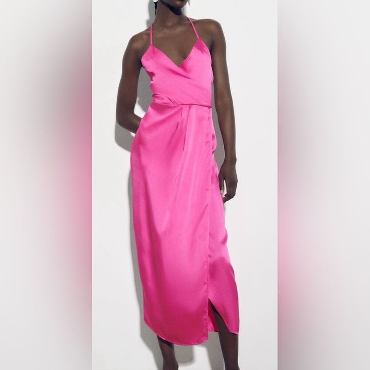 Zara Satin Effect Midi Dress In Pink Dress Xl, Zara Dresses, Xl Dress, Midi Dress, Zara, Satin, Dresses, Pink, Women Shopping