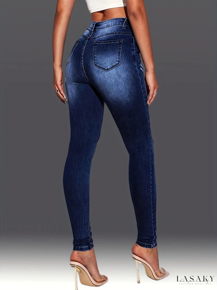 Lasaky - Versatile Womens Denim Pants: Blue Slim Fit High-Stretch Skinny Jeans with Ripped Holes and Slant Pockets Fitted Ripped Medium Wash Bottoms, Fitted Medium Wash Ripped Bottoms, Mid-rise Ripped Denim Blue Bottoms, Mid-rise Ripped Denim Bottoms, Ripped High Rise Stretch Bottoms, Mid-rise Ripped Blue Bottoms, High Rise Stretch Ripped Bottoms, High Waist Ripped Stretch Bottoms, Stretch High Rise Ripped Bottoms