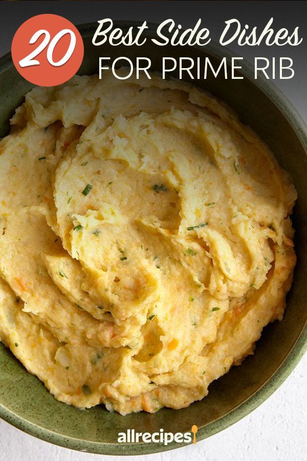 a bowl filled with mashed potatoes on top of a white tablecloth and text overlay that reads 20 best side dishes for prime ribes