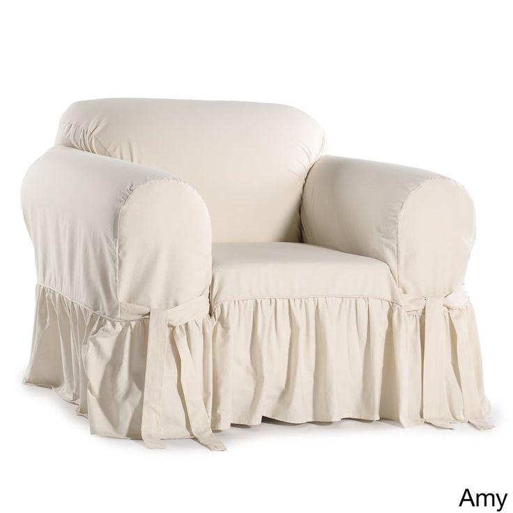 a white chair with ruffles on the arm and back covers in different colors