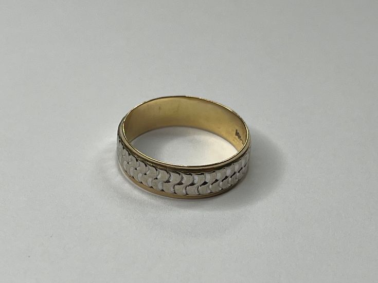 "Vintage 14K Two Tone Gold \"S\" Diamond Cut Band. This band is a size 7 1/2 and weighs a total of 3.00 grams. The band is tested and stamped 14k gold; it is also stamped \"P\" (we could not figure out whose hallmark it was). This pre-owned band is in good conditioned is ready to be worn! Willing to answer any questions and send more pictures if requested, please feel free to ask! Please come check out other stunning jewelry pieces listed in our shop! www.etsy.com/shop/AmericanJewelry224" Wide Band In 14k White Gold, Wide Band 14k White Gold, Thick Yellow Gold Band Stamped 14k, 14k Yellow Gold Engraved Bands, Engraved 14k Yellow Gold Bands, 14k Stamped Yellow Gold Band Jewelry, Yellow Gold 14k Stamped Band Jewelry, 14k Gold Tarnish Resistant Round Band, Gold Bands Stamped 14k Fine Jewelry