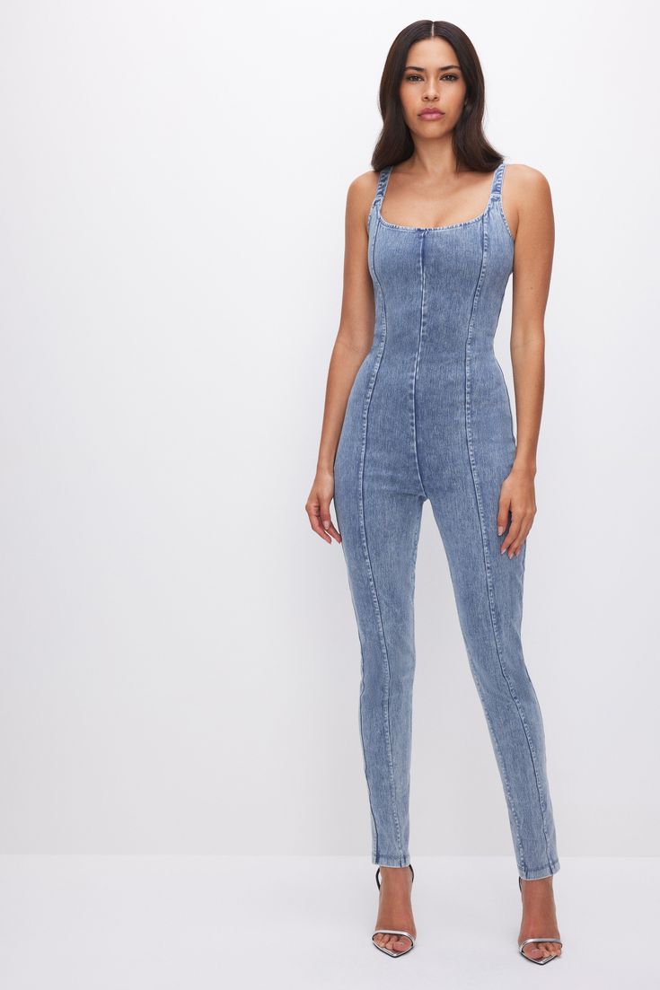 SOFT SCULPT CATSUIT | INDIGO556 - GOOD AMERICAN Denim Jumpsuits, Jumpsuits And Rompers, Night Looks, Denim Jumpsuit, Good American, Catsuit, Denim Fabric, Recycled Cotton, Jean Outfits