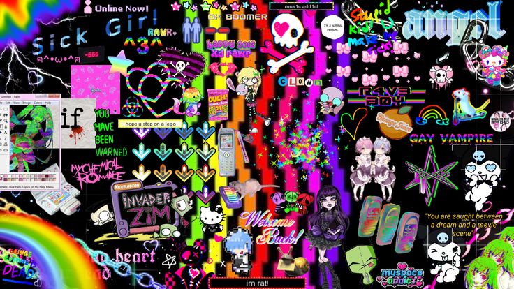 a large collection of stickers and decals on a black background with rainbow colors