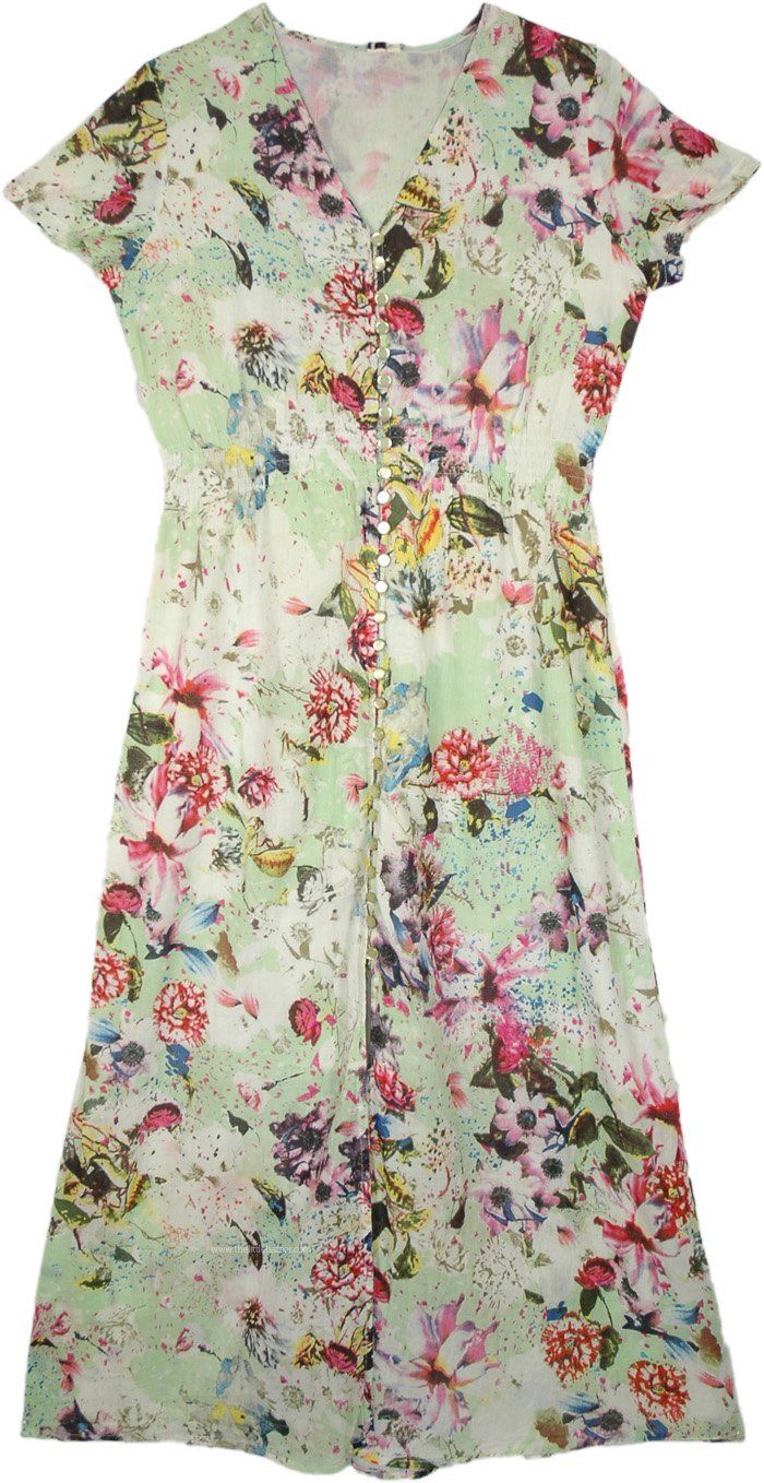 A fun floral printed cotton short shoulder sleeve summer dress in soft cotton voile to keep you covered yet cool this summer season. Herb garden inspired floral print in white. #tlb #Sleeveless #MaxiSkirt #vacationclothing #beachwrap #Floral #Printed #VacationDress #SummerDress #CottonDress Green Summer Dress With Plant Print, Green Floral Short Sleeve Dress For Summer, Summer Floral Embroidered Dress, Green Short Sleeve Summer Floral Dress, Green Floral Dress For Garden Party In Summer, Green Floral Dress For Summer Garden Party, Casual Green Floral Summer Dress, Summer Garden Party Floral Dress, Summer Floral Cotton Dress For Vacation