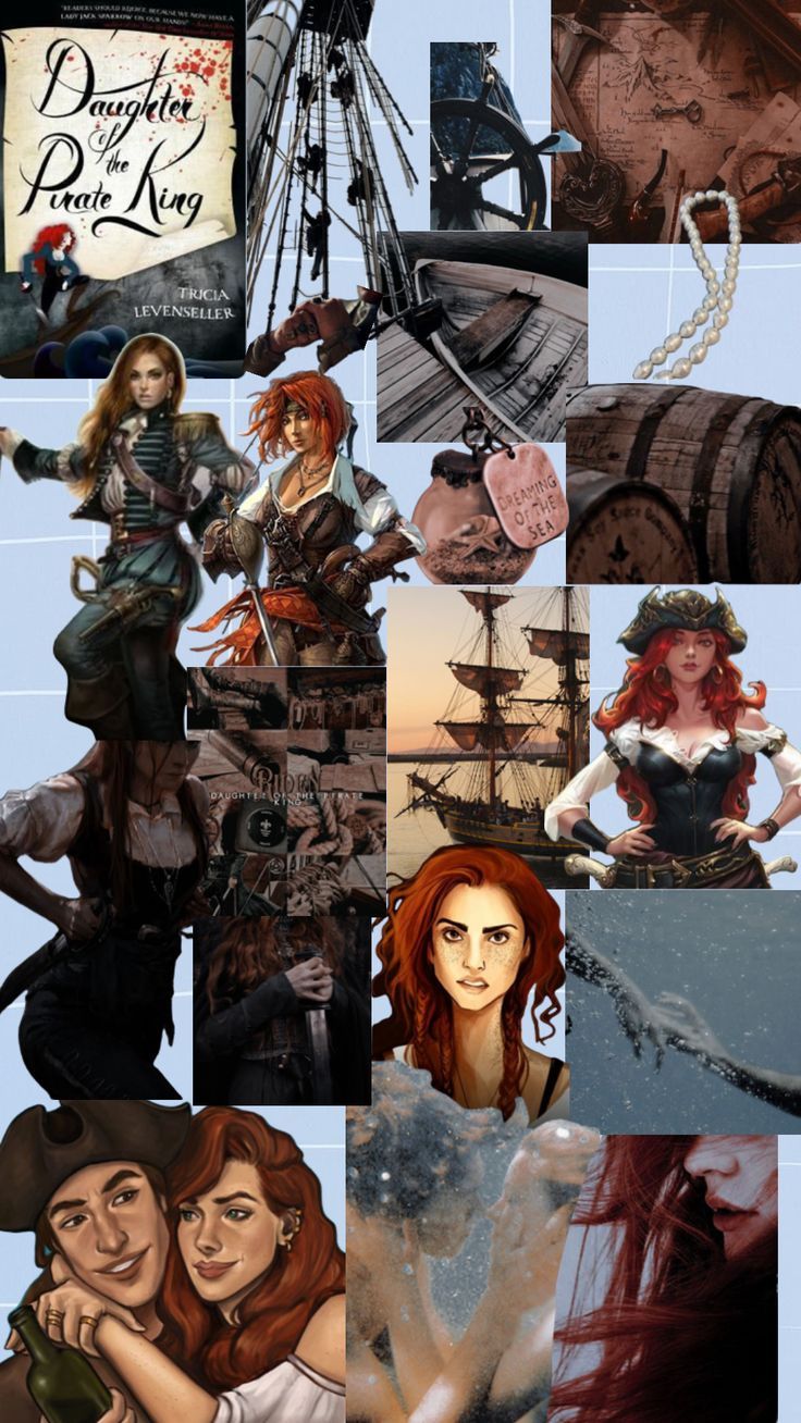 the collage shows many different images of women in pirate costumes and hats, with one woman