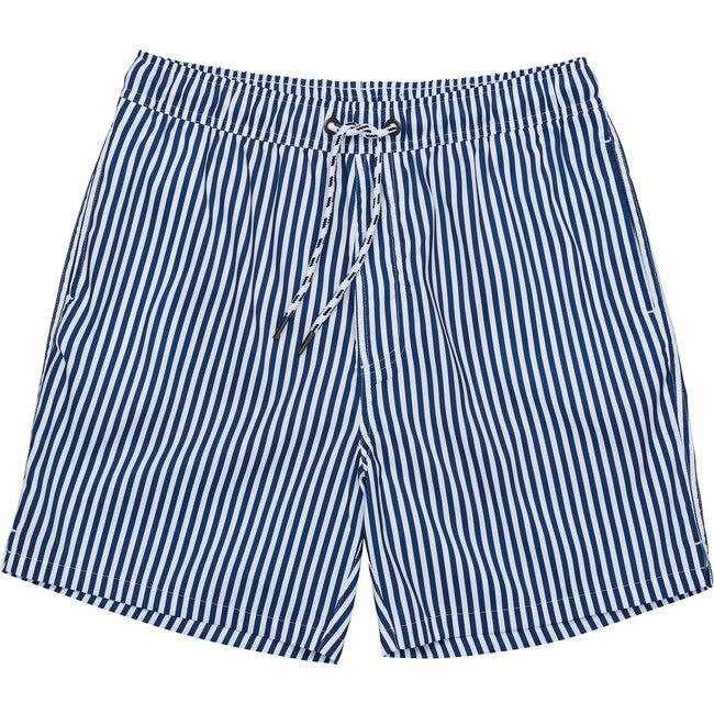 Hitting the waves, playing beach volleyball, or just lounging in the sun? Our new comfort lined men's swim shorts are just the thing for any activity. Featuring our new built in knit liner with maximum stretch for all day comfort. You'll bring a chic nautical vibe to your family's summer look in these denim blue and white stripes. Full brief liner for extra comfort Inseam length (inches): Size S = 5.5, Size M = 6, Size L = 6.5, Size XL = 7 Side pockets and back zip pocket UPF50+ sun protection | Beachy Swim Trunks For Summer, Casual Swim Trunks For Pool In Warm Weather, Beachy Swim Trunks For Summer Poolside, Beachy Swim Trunks For Poolside In Summer, Beachy Swim Trunks For Poolside Summer, Casual Shorts For Pool And Warm Weather, Casual Swim Trunks For Summer Pool, Casual Summer Swim Trunks For Pool, Casual Swim Trunks Upf 50+ For Pool