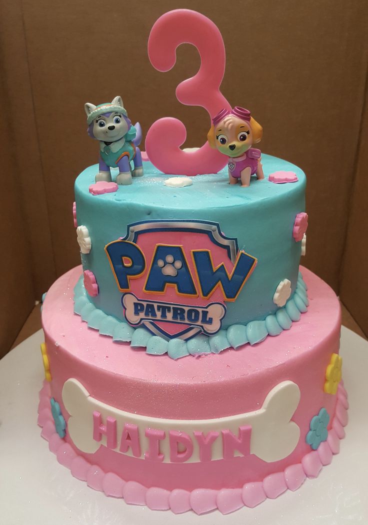 a pink and blue birthday cake with paw patrol figures