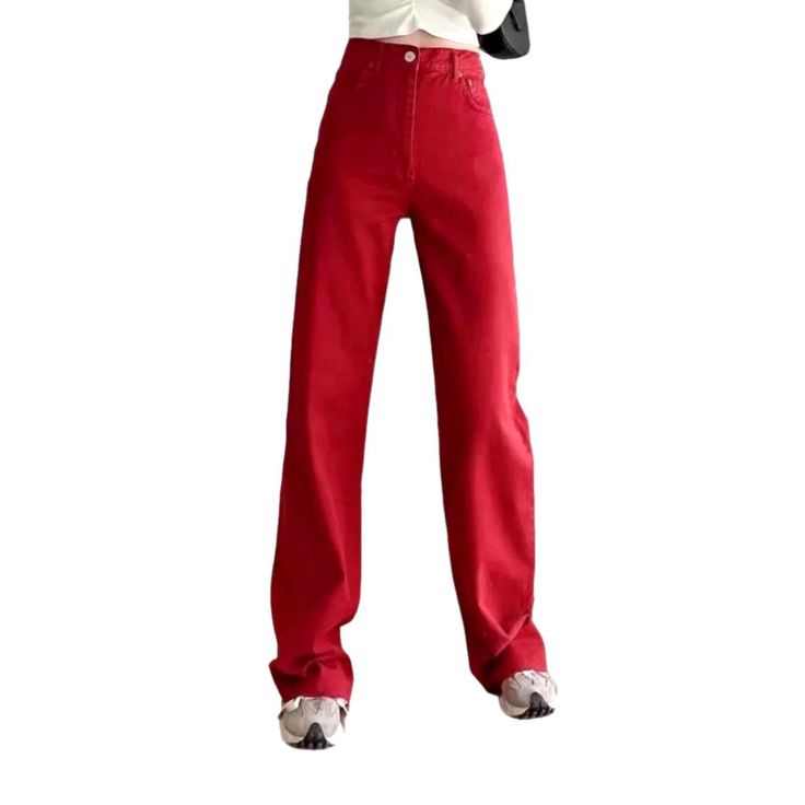 Step into the future of fashion with our 2023 Spring-Summer Collection! Our Unrefined Hem Red Straight Jeans. Y2K style. adds a vogue edge to your wardrobe. Featuring a high-waist. zipper & button closure. and stretchy fabric. this piece is as carefree as it is stylish. You'll be sure to turn heads with this must-have item!Distinctive Features: Y2K Style: A trendy take on a retro classic. these jeans are sure to make a statement. Luxe Color: The bright red hue is sure to make you stand out! Stra Red High Rise Flare Jeans For Fall, High Rise Red Flare Jeans For Fall, Trendy High Waist Straight Fit Bottoms, Trendy Red Straight Pants, Casual Red Flare Jeans For Fall, Red High-rise Jeans For Spring, Red High Waist Fitted Flare Jeans, Red High Rise Jeans For Spring, Red High Waist Flare Jeans For Spring