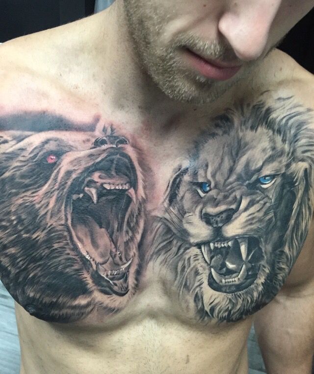 a man with his chest covered in tattoos showing two lions and a bear on each side