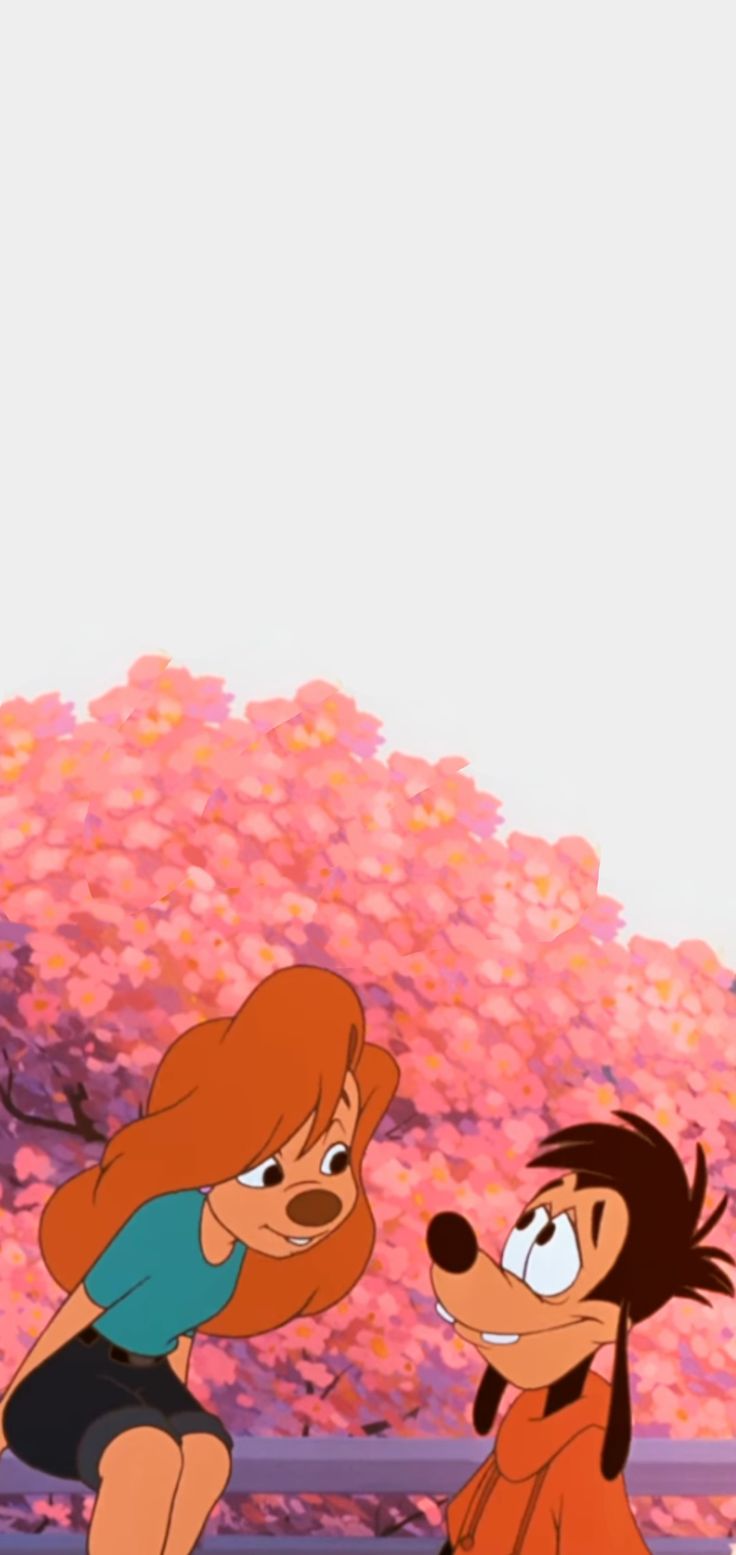 an animated image of two people and a dog in front of a tree with pink flowers