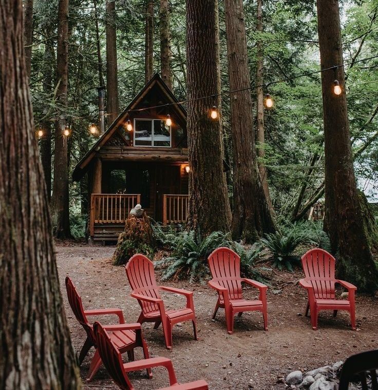 red adiron chairs in front of a cabin surrounded by trees and firepits