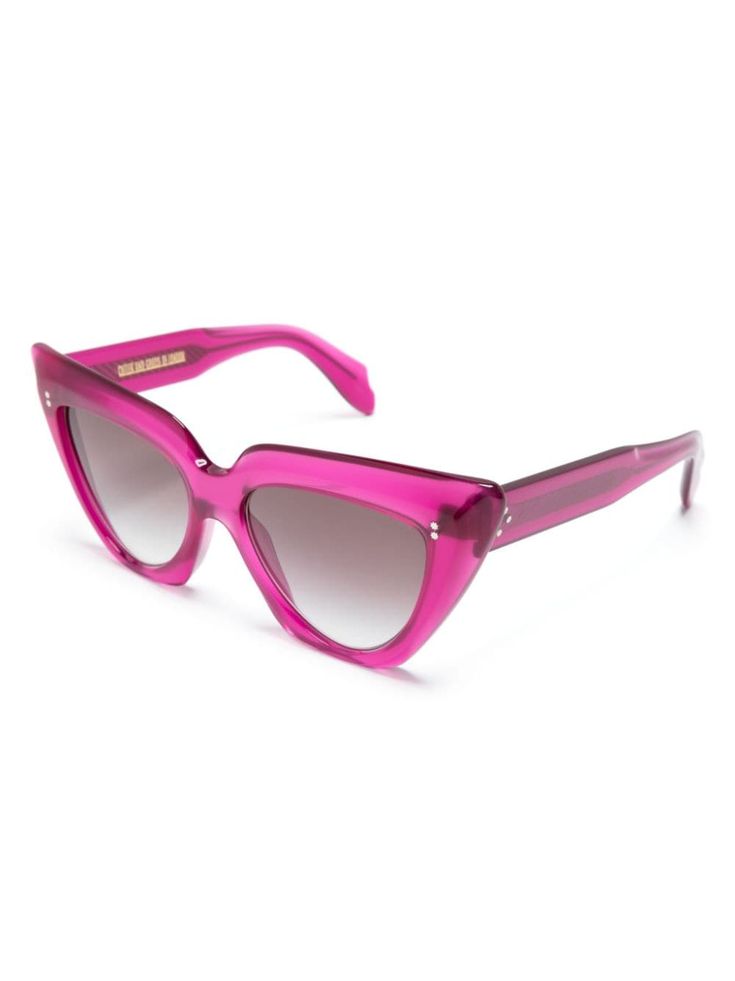 fuchsia pink acetate cat-eye frame grey tinted lenses UV protection straight arms curved tips These glasses come with a protective case. Pink Mirrored Sunglasses For Evening, Pink Acetate Sunglasses With Mirrored Lenses, Pink Gradient Sunglasses In Acetate, Elegant Pink Acetate Sunglasses, Pink Tinted Acetate Sunglasses, Pink Sunglasses With Uv Protection, Pink Tinted Sunglasses For Evening, Cutler And Gross, Cat Eye Frames