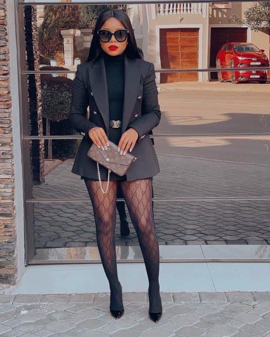 Black Blazer And Tights Outfit, Blazer Dress And Stockings Outfit, Blazer With Stockings Outfit, Networking Outfit Women Winter, Dresses With Stockings Outfit Classy, Blazer And Stockings Outfit, Black And Gold Dinner Outfit, Black Photoshoot Outfit, Dress With Blazer Outfit Work Attire