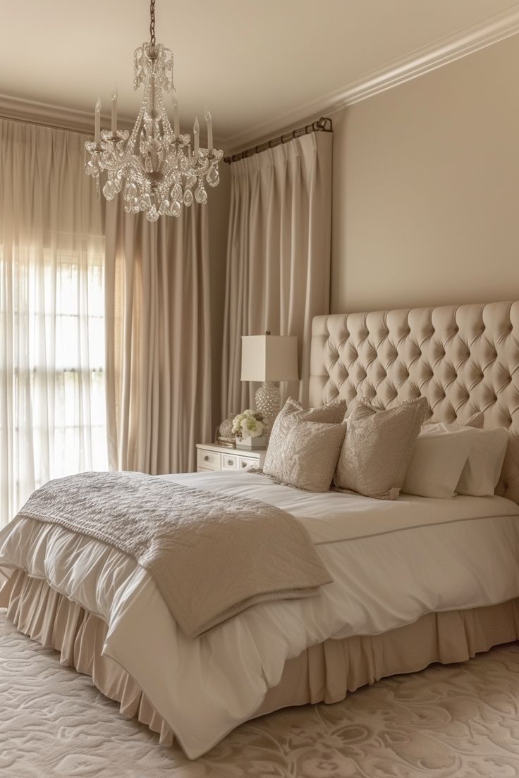 a bedroom with a bed, chandelier and curtains in the window sill