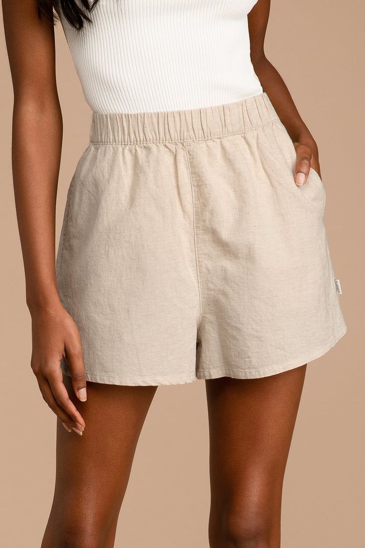 Rhythm Classic Beach Short Sand - Beige Shorts - Linen Shorts - Lulus Relaxed Fit Bottoms With Built-in Shorts For Warm Weather, Solid Color Cotton Bermuda Shorts For Beach, Solid Cotton Bermuda Shorts For Beach, Cotton Shorts For Warm Weather, Casual Bottoms With Elastic Waistband For Warm Weather, Casual Relaxed Fit Shorts For Warm Weather, Relaxed Cotton Shorts For Beach Season, Casual Bermuda Shorts For Beach With Short Inseam, Relaxed Cotton Bottoms For Vacation