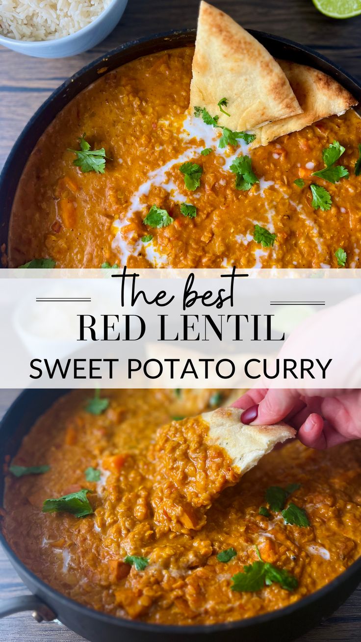 red lentil sweet potato curry in a skillet with tortilla chips