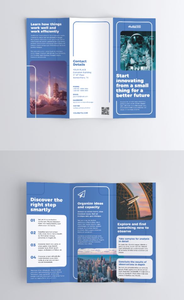 an open brochure is shown with blue and white colors