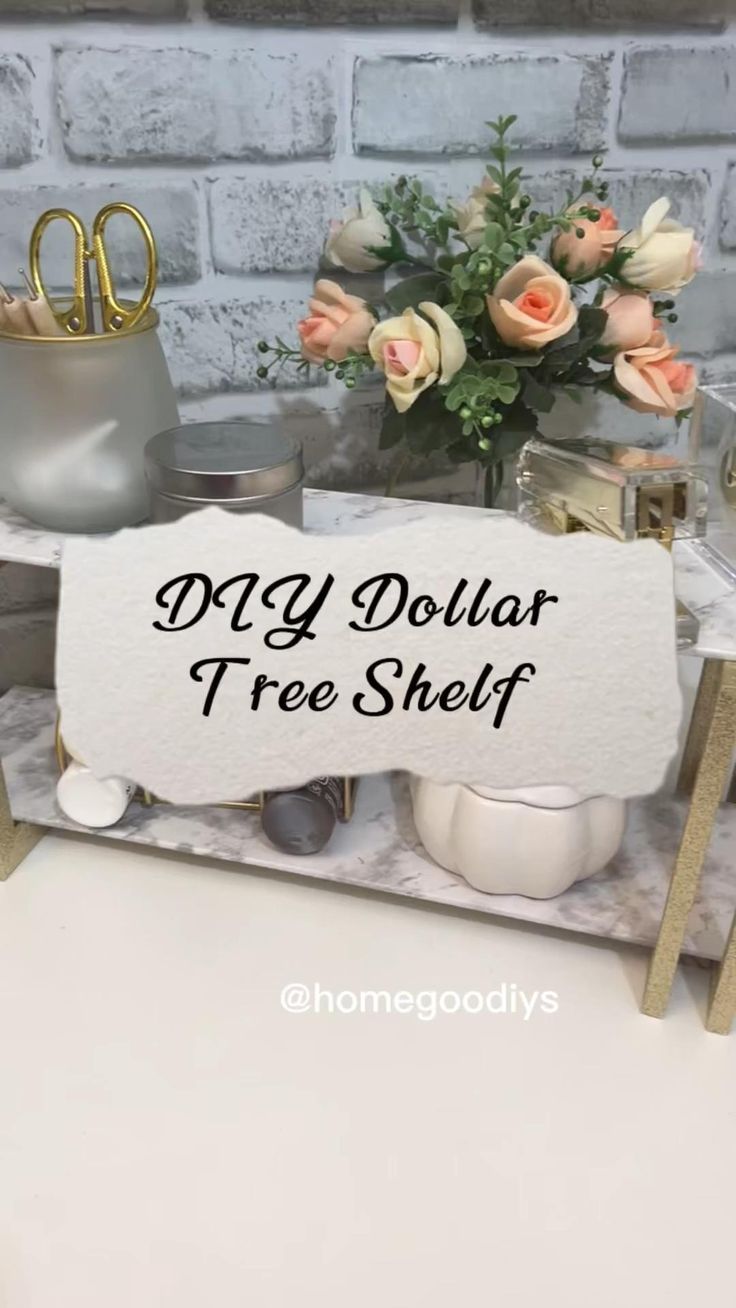 there is a sign that says diy dollar tree shelf next to some vases