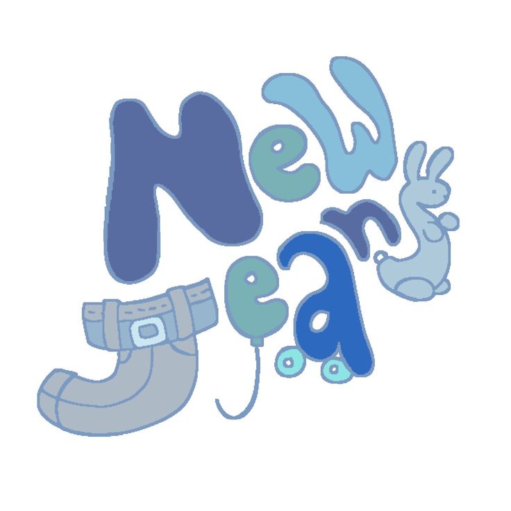 the words new year are drawn in blue and gray colors with an image of a shoe