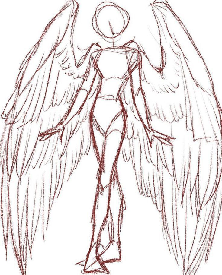 a drawing of an angel standing with its wings spread out and facing the right direction