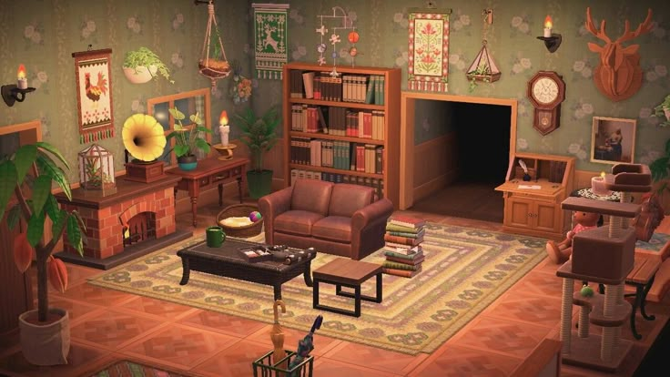 the living room is decorated in green and brown colors with lots of bookshelves