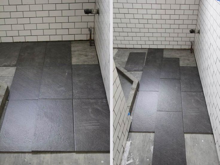 two pictures of the same floor in a bathroom