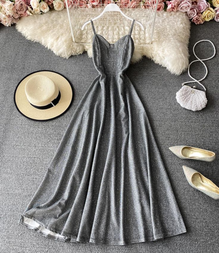 Fitted Solid Gray Dress, Gray Summer Dresses With Spaghetti Straps, Gray Spaghetti Strap Summer Dress, Elegant Gray Dress With Solid Color, Gray Summer Party Dress, Gray Midi-length Summer Dresses, Elegant Gray Solid Color Dress, Trendy A-line Party Dress, Elegant Gray Summer Dresses