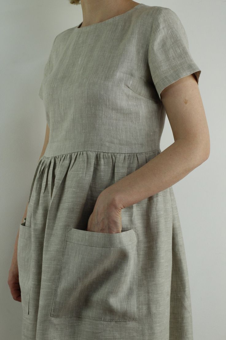 "Spring dress, Handmade natural linen dress with short sleeves , perfect for casual wear and suitable for any occasion in any season Details: - 100% natural linen produced in Europe ; - medium weight (180 gram per square meter); - color: natural, color from catalog. Made to order, approximately a few days, If you have any questions please message me and I will be glad to answer. Size guide : Size S Bust: fits bust around 33\"-34\"/ 84-88 cm Waist: fits waist around 25\"-26\"/ 64-68 cm Hips: fits Casual Dress With Straight Neckline, Cheap Cotton Lined Dresses, Cheap Everyday Cotton Dress, Affordable Casual Dress With Button Back, Basic Dress Pattern Linen, Casual Dress With Notched Neckline, Luxury Linen Dress With Square Neck, Cheap Relaxed Fit Dresses With Button Closure, Summer Cotton/linen Dress