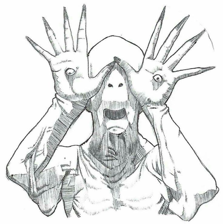 a drawing of two hands covering the face of a man's head with both hands